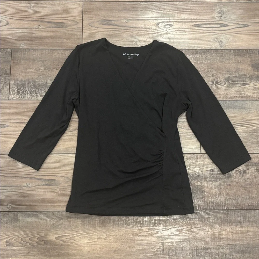 Soft Surroundings Faux Wrap Front Top Pima Cotton Black Stretch V Neck - Picture 4 of 5